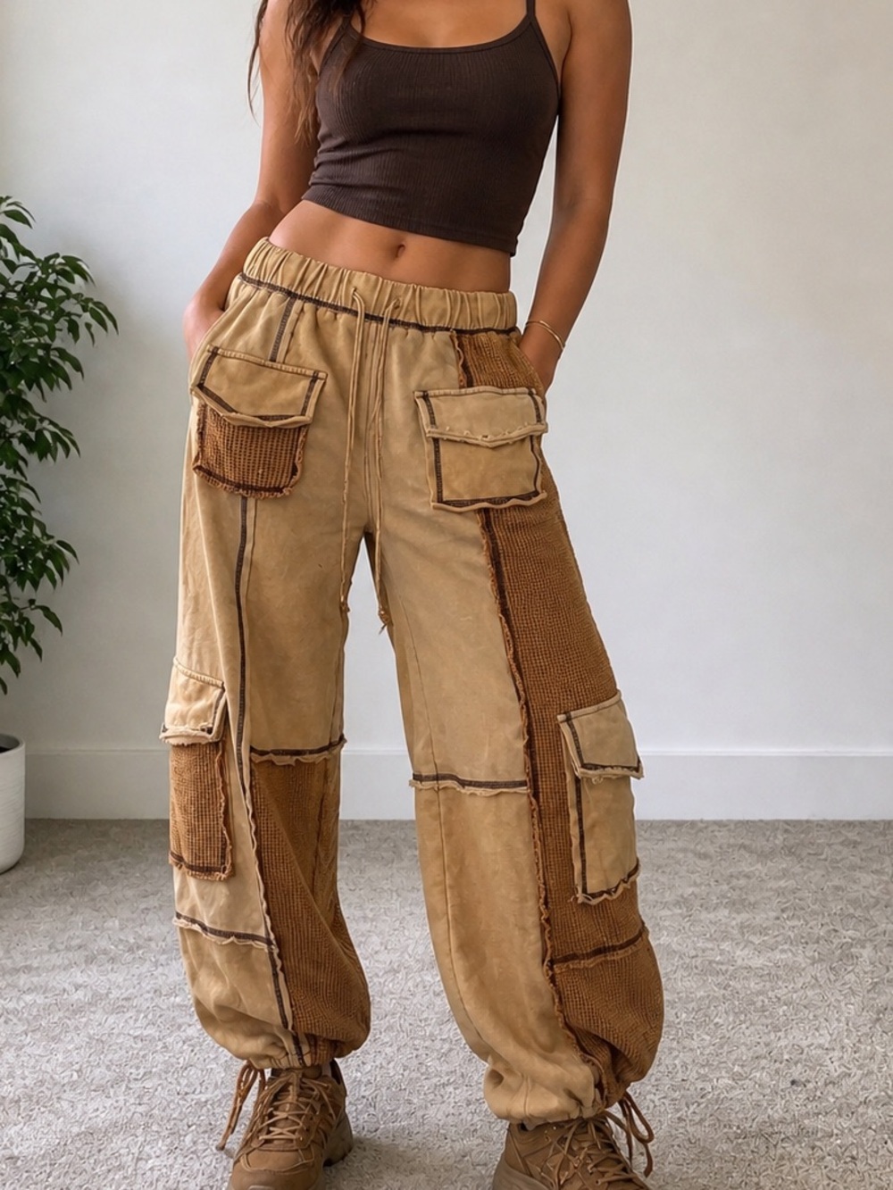 Sage + Fig Tan Patchwork Cargo Joggers